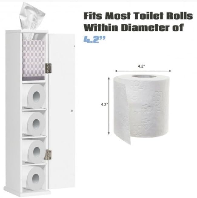 Free Standing Toilet Paper Storage Cabinet with Shelves, Slim Bathroom Floor Cabinet, White MDF Organizer for Small Spaces