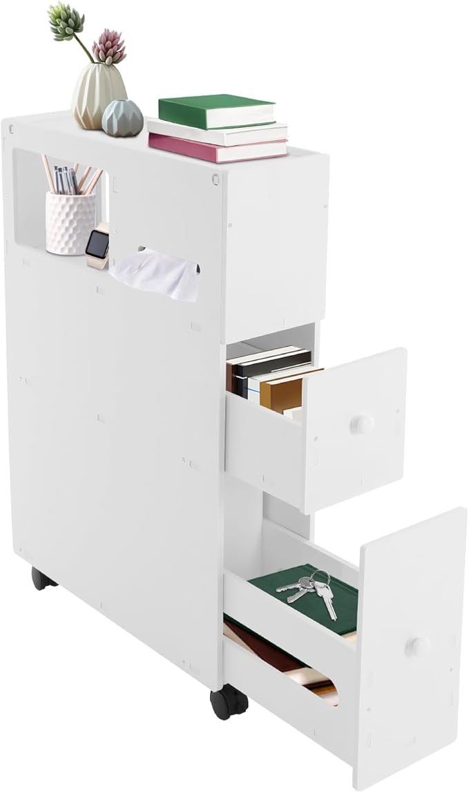 Toilet Paper Holder Stand - Narrow Floor Storage Cabinet with Drawers for Small Bathrooms - White