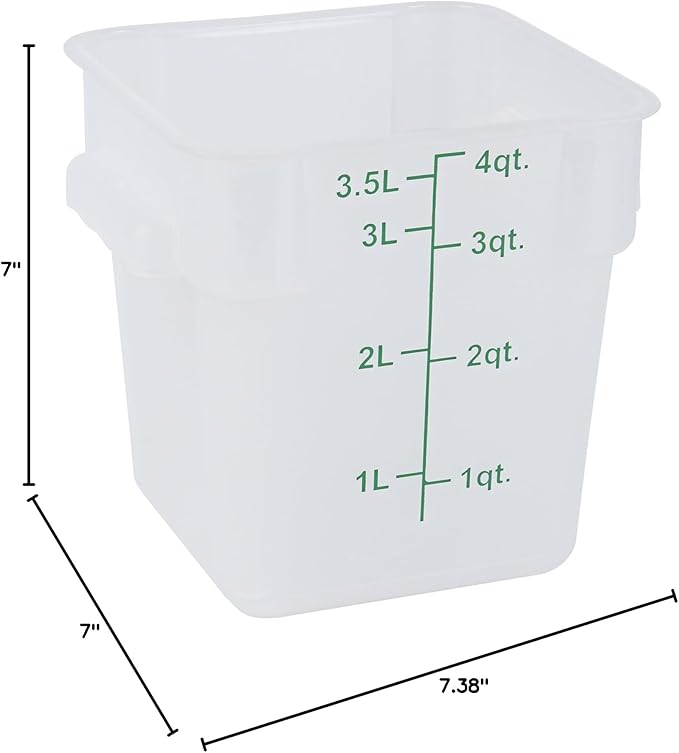 Restaurantware Food Storage Container 10 Pack of 4 qt Plastic Kitchen Storage Bin with Volume Markers Space-Efficient Design Dishwasher-Safe Polypropylene Translucent