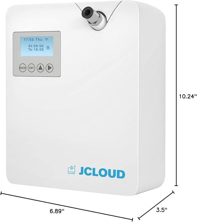White electronic device with digital display and JCloud branding, shown with dimensions.