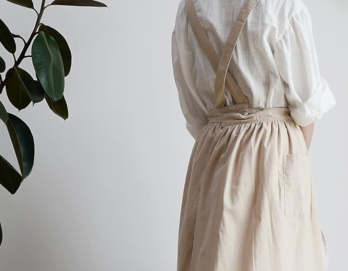 VLZUFE Women Cotton Linen Cross Back Apron with Pockets for Gardening Works Pinafore Dress
