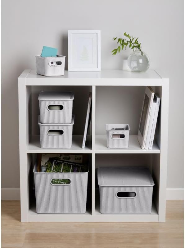 Decorative Plastic Basket Lidded Home Storage Bins Organizer, X-Large White Smoke (1 Pack - 22 Liter) Stackable Container Box, for Organizing Closet Storage Bins for Shelves - Ribbed Collection