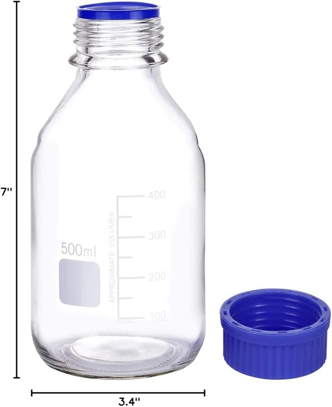 Lab Media Storage Round Bottles Graduated Glass Container GL45 Screw Cap Leakproof Multi-Purpose for Scientific — pack of 8 (Blue,500ml)