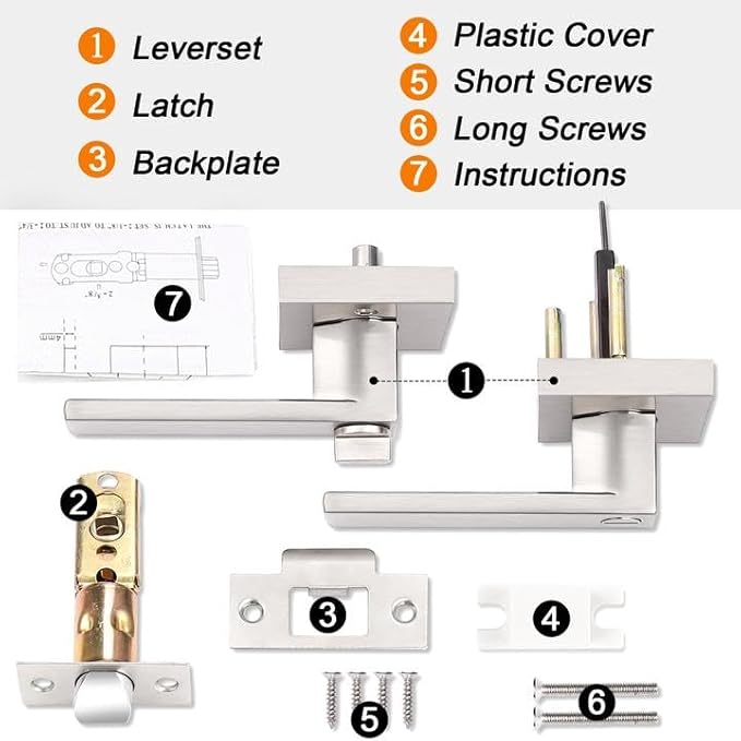 Probrico Square Satin Nickel Bedroom and Bathroom Privacy Door Levers Lockset Keyless Door Locks Handles, Pack of 10