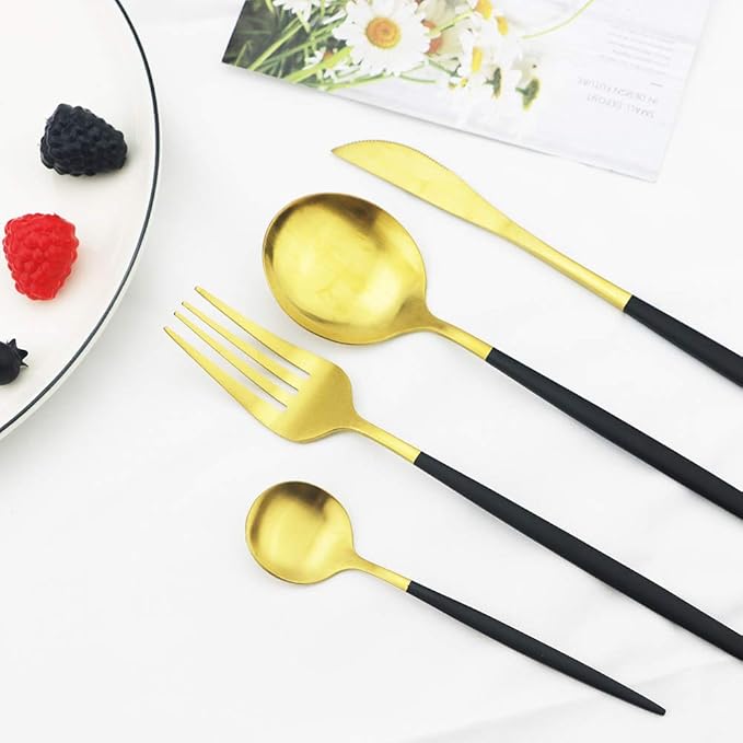 JASHII Matte Silverware Set, 24-Piece Stainless Steel Flatware Cutlery Set for 6, Ideal for Home Wedding Festival Party, Dishwasher Safe (Black Handle Gold)