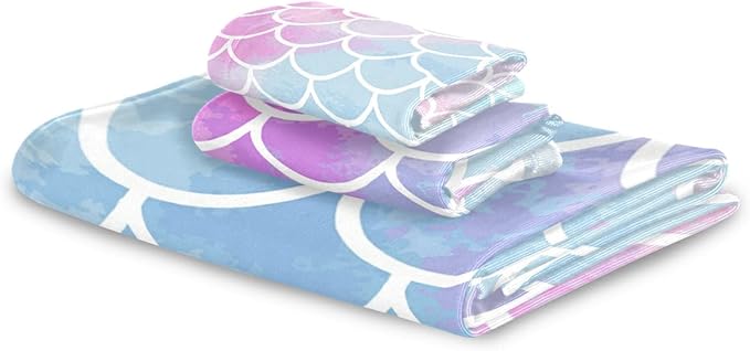 Magic Pink Blue Mermaid Scales Towels Set of 3 Rainbow Marble Galaxy Bathroom Towel Soft Absorbent Bath Hand Towels Washcloth Guest Towel Sets Bathroom Decorations