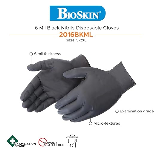 BioSkin Nitrile Exam Grade Disposable Gloves, 6 Mil - 2X-Large | Powder-Free, Chemical + Puncture Resistant, Textured | for Medical, Industrial, Janitorial, Food Service (Box of 100)