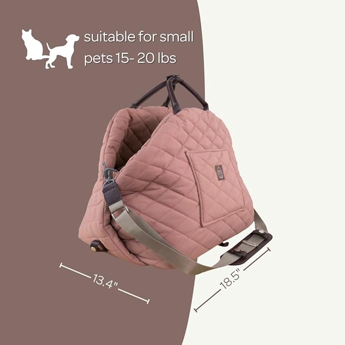 4 Cats & Dogs Mew Mew Travel Pet Bed โ Soft Carrier for Small Dogs & Cats, Water-Resistant Quilted Shell, Adjustable Belts, Anti-Slip Bottom, Portable Pet Bed & Travel Bag - Rose