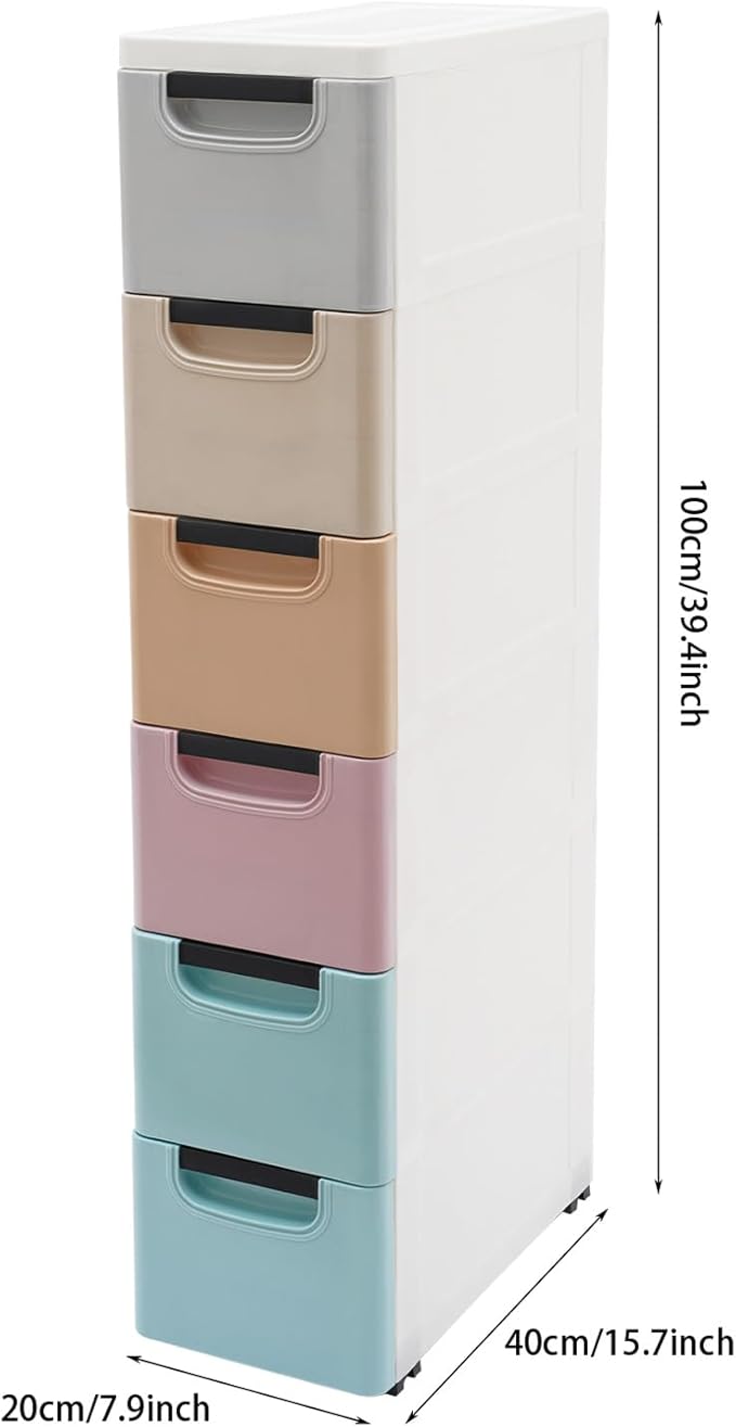 6 Drawers Plastic Storage Cabinet, Mobile Slim Utility Cart on Wheels, for Narrow Space Office Classroom Bedroom Bathroom (Multicolor)