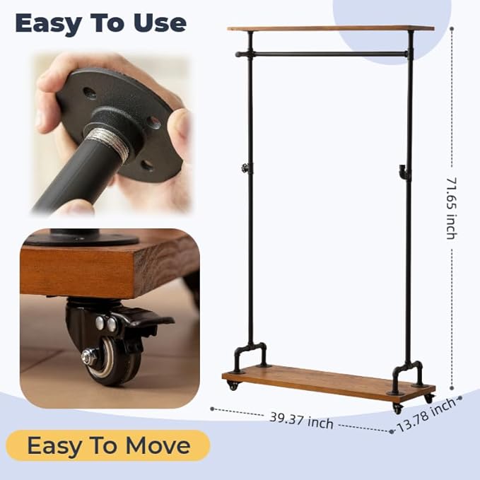 Industrial Pipe Clothing Racks, Rolling Garment Racks, Hall Tree on Lockable Wheels with Shelves and Shoes Storage, Heavy Duty Clothes Rack (two tiers garment rack)