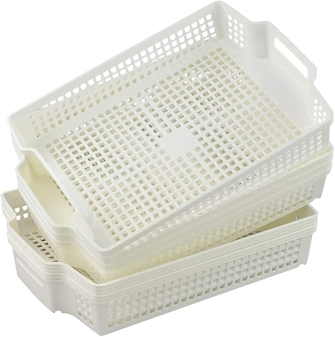 6-Pack Stacking Plastic Storage Baskets, White Paper Storage Basket Tray