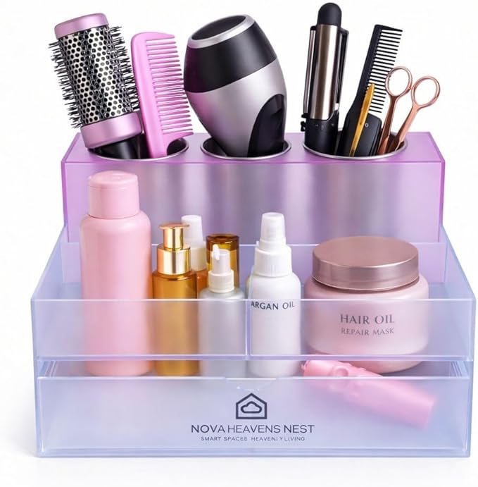 NovaHeavensNest Premium Vanity Hair Tool Organizer Translucent Frozen Acrylic | Large Bathroom Organizer Countertop & Drawer Storage for Hair Tools | Slip-Resistant Hairdryer & Curling Iron Holder
