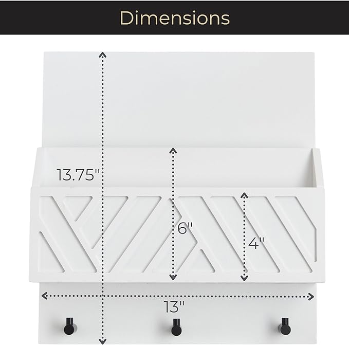 BLU MONACO | Wall Mount Key Holder with Mail Organizer | Wooden Command Center with 3 Hooks and 2-Tier Letter Pockets | Entryway Mail Sorter & Key Rack | White Geometric Wall Organizer for Office Home