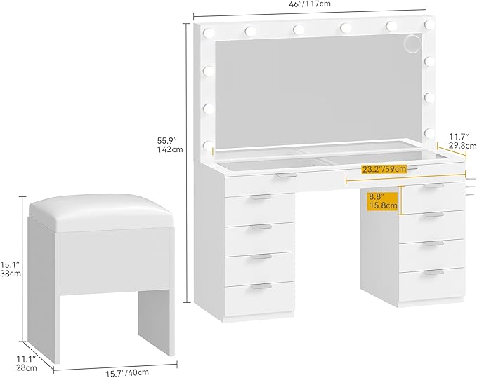 DWVO Vanity Desk Set with Mirror & Power Outlets, Vanity Table with Stool, 12 LED Bulbs, 3 Dimmable Light Colors, 10 Drawers, Hair Dryer Rack & Magnifying Mirror