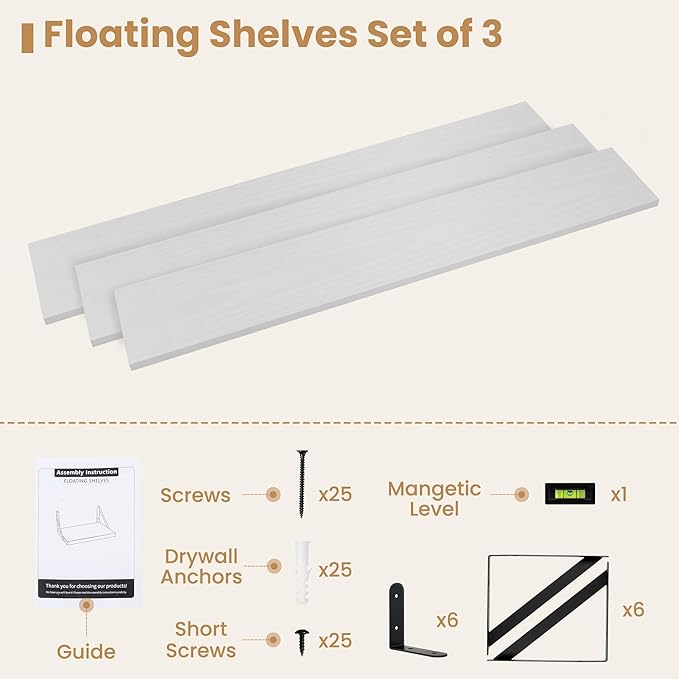 Heimlove Floating Book Shelves for Wall,47.2 Inches Long Wall Mounted Bookshelves,Heavy Duty Bracket Shelves for Living Room Kitchen,Laundry Room Storage & Decor,Set of 3,White