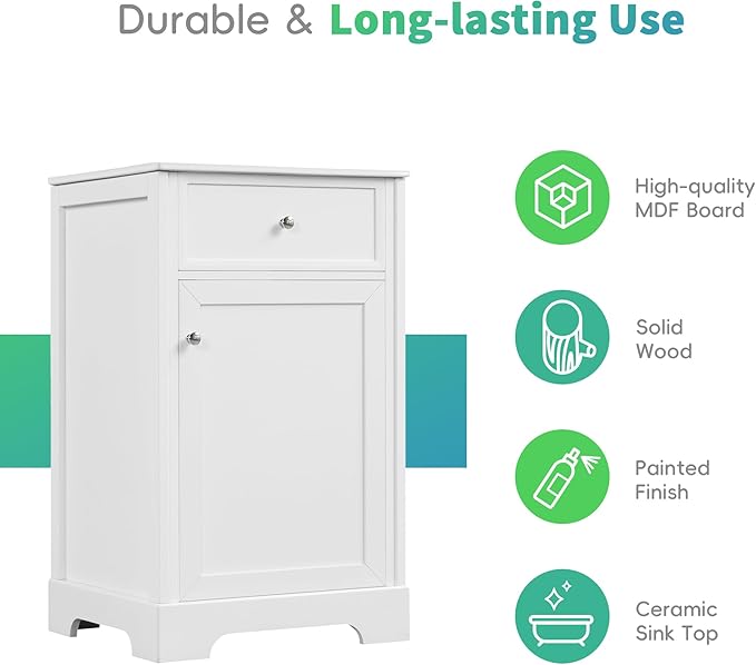 Merax 20 Inch Small Bathroom Vanities Storage Cabinet with Undermount Sink, Two-Tier Door Shelf, White