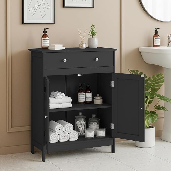Karl home Black Floor Storage Cabinet, Freestanding Storage Unit with 2 Doors, Thin Toilet Organizer for Small Spaces,for Entryway, Bathroom