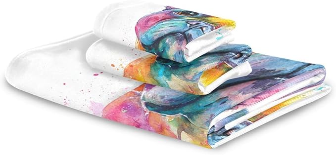 French Bulldog Puppy Towels Set of 3 Watercolor Dog Colorful Art Bathroom Towel Soft Absorbent Bath Hand Towels Washcloth Guest Towel Sets Bathroom Decorations