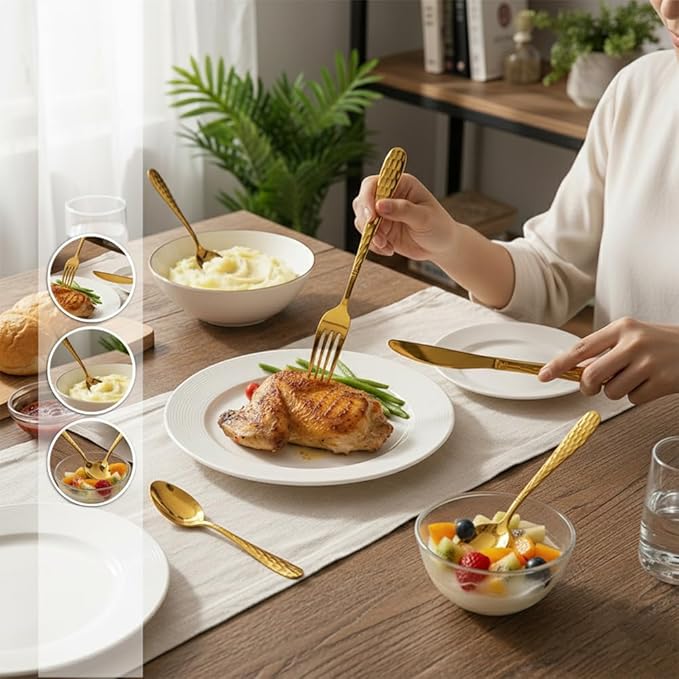 24-Piece Golden Silverware Set, Stainless Steel Cutlery Set with Knife Forks & Spoons, Flatware Set for Home and Kitchen Dining Table Set, Durable Utensils for New Home Essentials