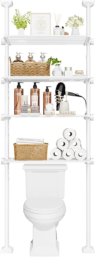 No-Drill Over Toilet Storage Shelf - 4-Tier White Bathroom Organizer