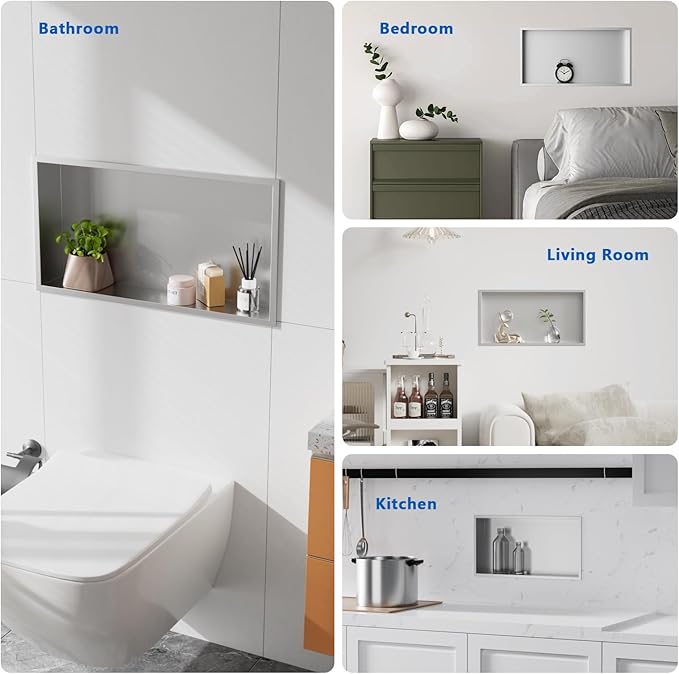 QAOYEDE Shower Niche, 24"x12" Stainless Steel Niche for Shower Wall No Tile Needed, Recessed Showers Shelf for Bathroom Storage,Brushed Nickel