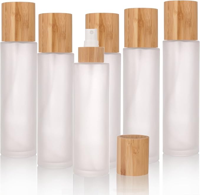 COSIDEA 12 pcs Empty 5oz /150ml bamboo lid Frost glass spray bottle with fine mist despenser head for liquid perfume toiletries containers, toner bottles