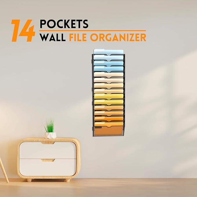 SUPEASY 14-Tier Wall File Organizer Mesh Office Mail Holder, Hanging Wall Organizer Magazine Rack for Office Black