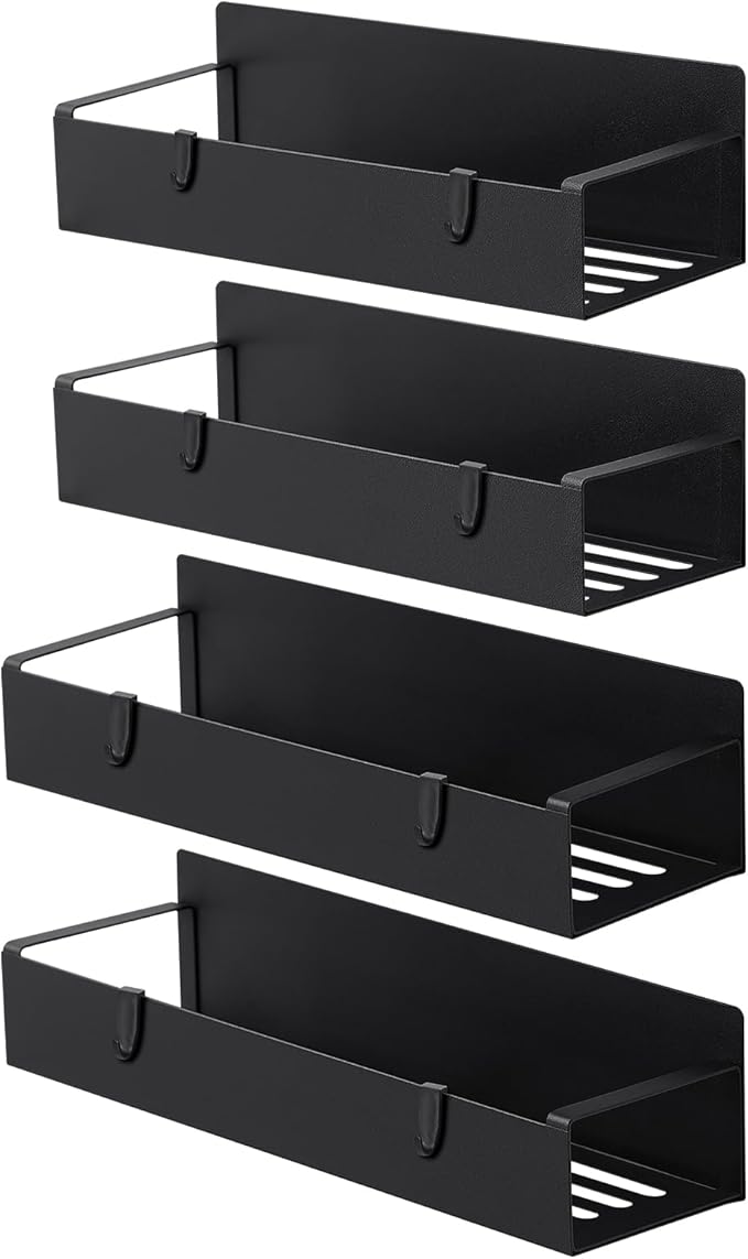 Homaxy Magnetic Spice Rack for Refrigerator,Fridge Organizer for Kitchen Organization and Storage, 4 Pack (Black) Metal Shelf with 8 Moveable Hooks