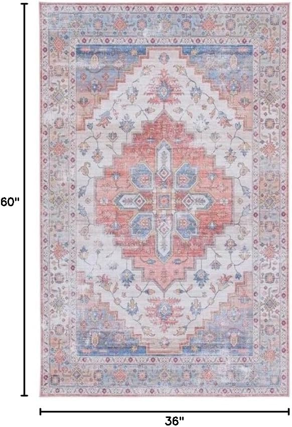 SAFAVIEH Washable Rug Tucson Collection - 3' x 5', Beige & Blue, Slip Resistant & Easy to Clean, Ideal for Foyer, Entryway, Kitchen, Bedroom (TSN109B)