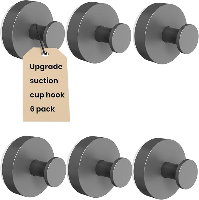 Vacuum Suction Cup Hooks for Shower 6 Pack, Heavy Duty Aluminum Alloy Towel Hooks for Bathroom Kitchen Glass Tile Wall No Drill Removable Robe Loofah Coat Suction Hooks Hanging-Space Grey