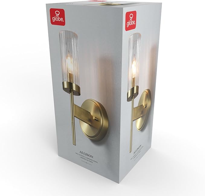 Globe Electric 1-Light Wall Sconce, Matte Brass, Ribbed Clear Glass Shade, E12 Candelabra, Dimmable, 65000103
