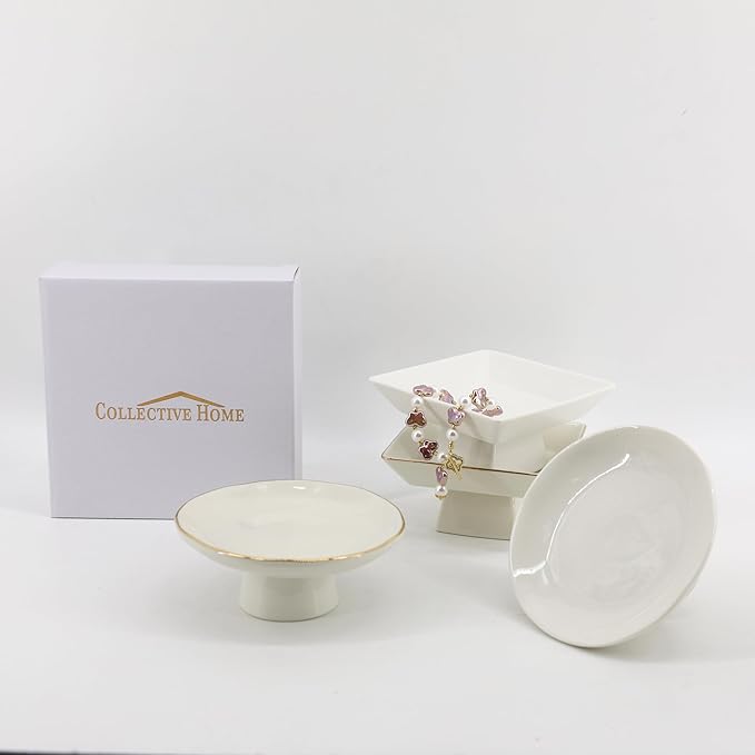 COLLECTIVE HOME - Ceramic Jewelry Tray, Decorative Geometric Jewelry Dish, Luxurious Trinket Tray with High Base, Birthday Mother's Day for Women (Square Glossy Gold)