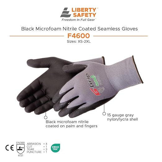 Liberty F4600 G-Grip Micro-Foam Nitrile Palm Coated Seamless Gloves with 15-Gauge Nylon Shell — Ideal for Automotive, Manufacturing, General Purpose — Gray/Black, 2X-Large (Pack of 12)