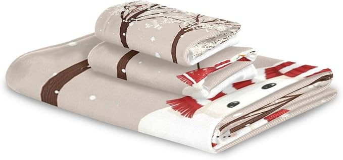Winter Snowman Bird Tree Snow Towels Set of 3 Snowflakes Peach Christmas Bathroom Towel Soft Absorbent Bath Hand Towels Washcloth Guest Towel Sets Rustic Farmhouse Xmas Holiday Decor