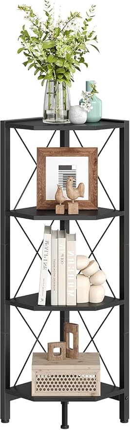 4-Tier Corner Shelf, Corner Bookcase, 43.3" Tall Vertical Display Rack, Plant Stand, Open Storage Shelf, for Living Room, Bedroom, Study, Kitchen, Black TCJ14BB