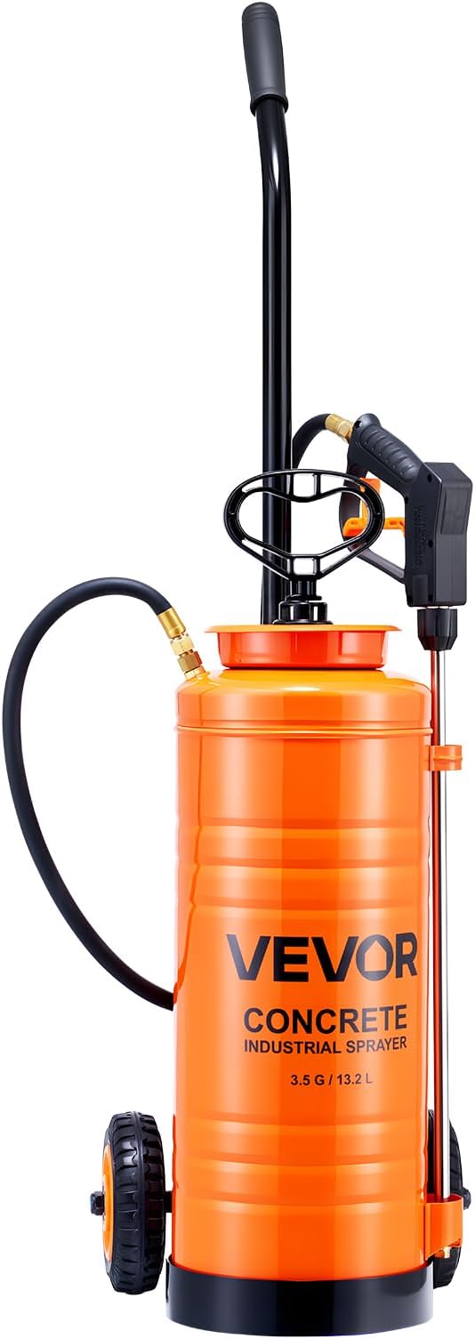 Industrial Concrete Sprayer with Wheeled Cart, 3.5 Gallon Stainless Steel Sprayer, Heavy Duty Tri-Poxy Pump Sprayers, 20.5"Wand, 48" & 120"Hoses, 2 Brass Nozzles for Construction, Lawn & Garden