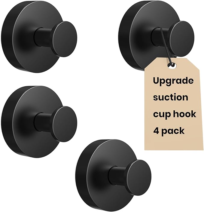 Vacuum Suction Cup Hooks for Shower 4 Pack, Heavy Duty Aluminum Alloy Towel Hooks for Bathroom Kitchen Glass Tile Mirror Wall No Drill Removable Robe Loofah Coat Suction Hooks Hanging-Black