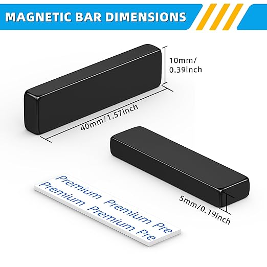 Grtard 2 Pack Neodymium Bar Magnets, Rare Earth Magnets Metal Neodymium Magnet with Double-Sided Adhesive for Fridge and Office Projects, 40x10x5mm(Black)