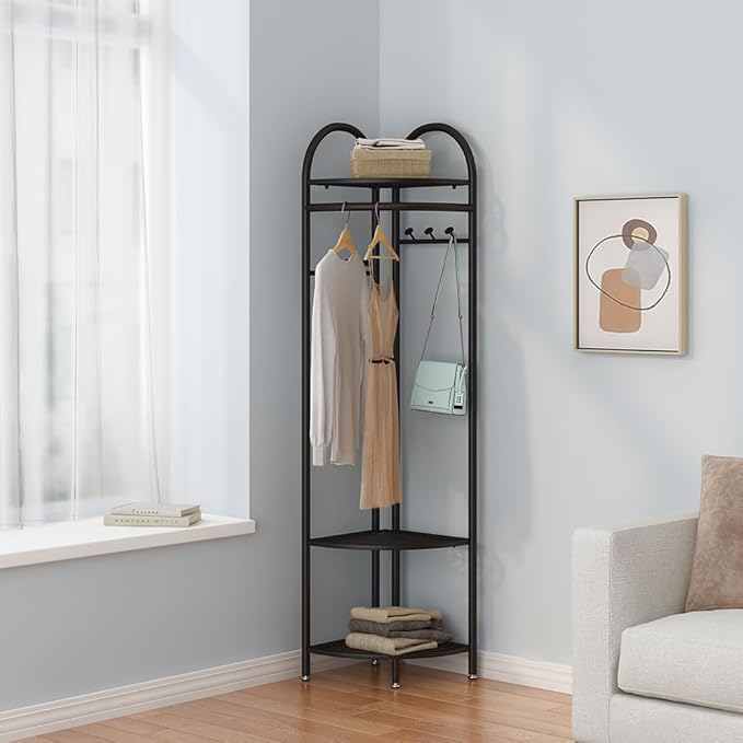 Black Corner Hall Tree, Freestanding Garment Rack with 6 Hooks and Storage Shelf, Metal Clothing Racks Coat Racks for Hallway, Entryway, Bedroom, Living Room, Office(Black)