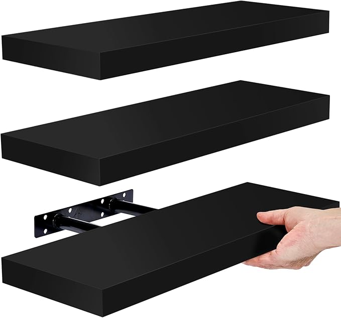 Sorbus Floating Shelves for Wall – 16 Inch Floating Shelf for Kitchen, Bedroom, Living Room, Bathroom, Home & Wall Decor - Mounted Bathroom Shelves with Invisible Brackets (Black, 3 Pack)