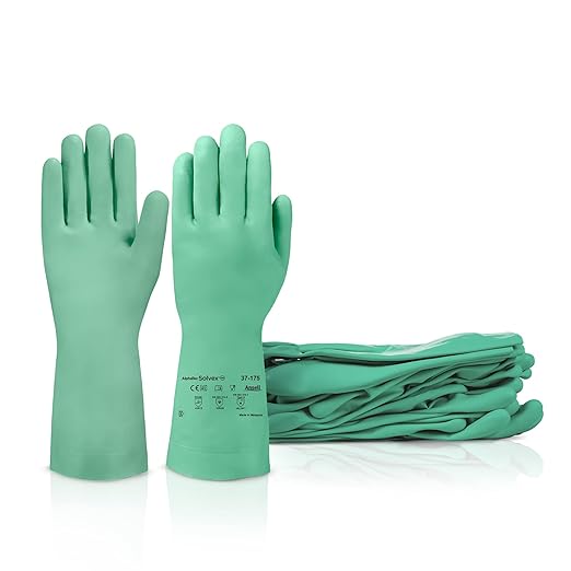 Ansell AlphaTec Solvex 37-175 Flocked Chemical-Resistant Gloves for Cleaning, Agriculture, Food, Mechanics, Oil - Large, Green (12 Pairs)