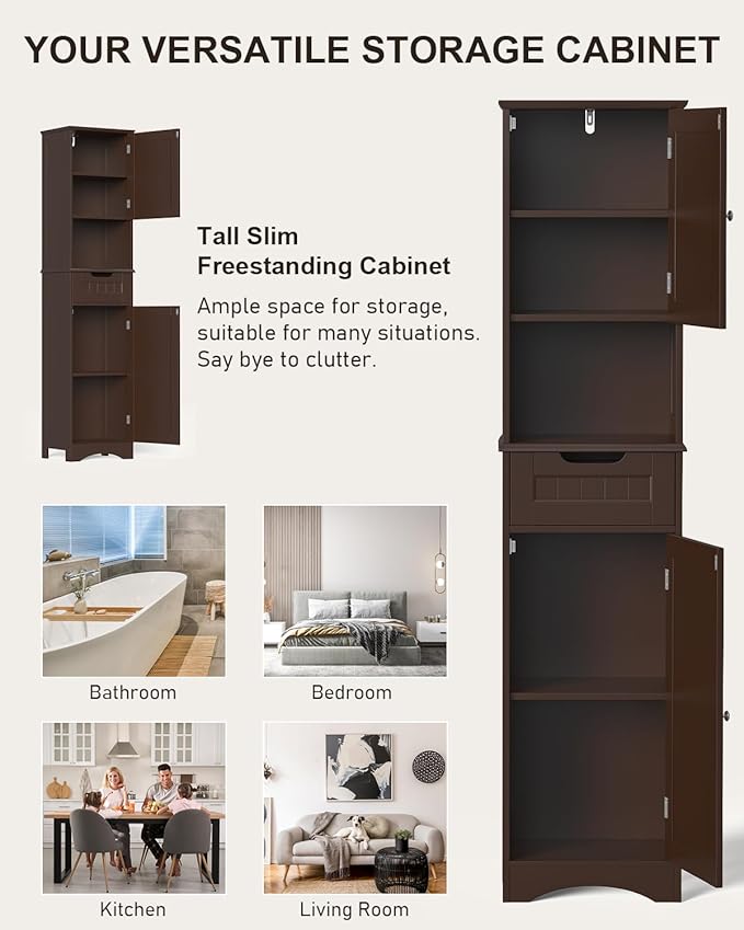 Gizoon 67" H Tall Bathroom Cabinet, Storage Cabinet with 2 Doors & Drawer, Narrow Linen Tower Freestanding Adjustable Shelves for Home, Kitchen, Versatile, Anti-Tipping, Dark Brown | Tall, 2 Doors, Drawer, Narrow, Freestanding, Adjustable Shelves