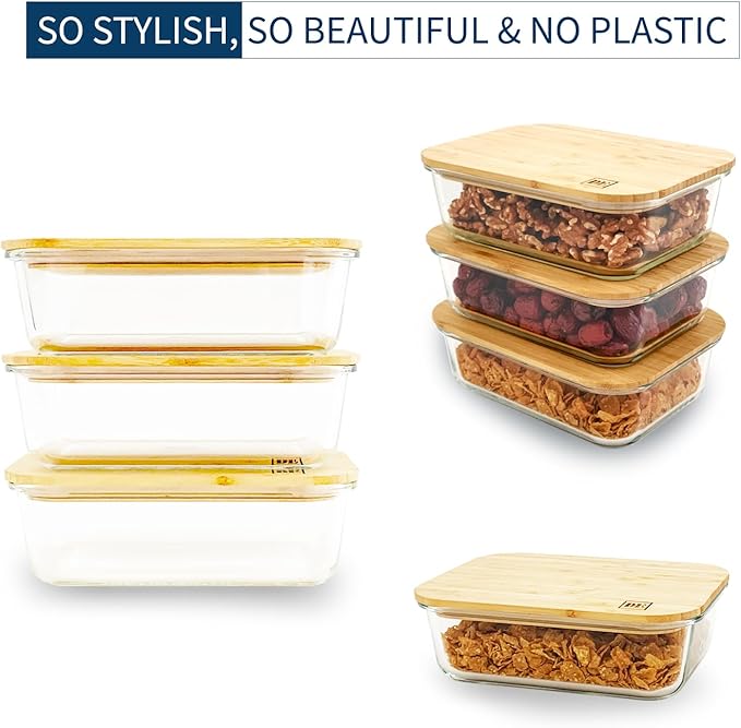 DE Plastic-Free Glass Storage Containers (3-Pack, 51oz) with Bamboo Lids โ Eco-Friendly, Airtight, Reusable โ Oven, Microwave & Dishwasher Safe โ BPA-Free & Sustainable.