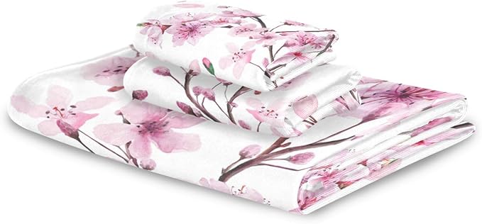 Cherry Blossoms Flowes Towels Set of 3 Watercolor Pink Floral Sakura Branch Bathroom Towel Soft Absorbent Bath Hand Towels Washcloth Guest Towel Sets Bathroom Decorations