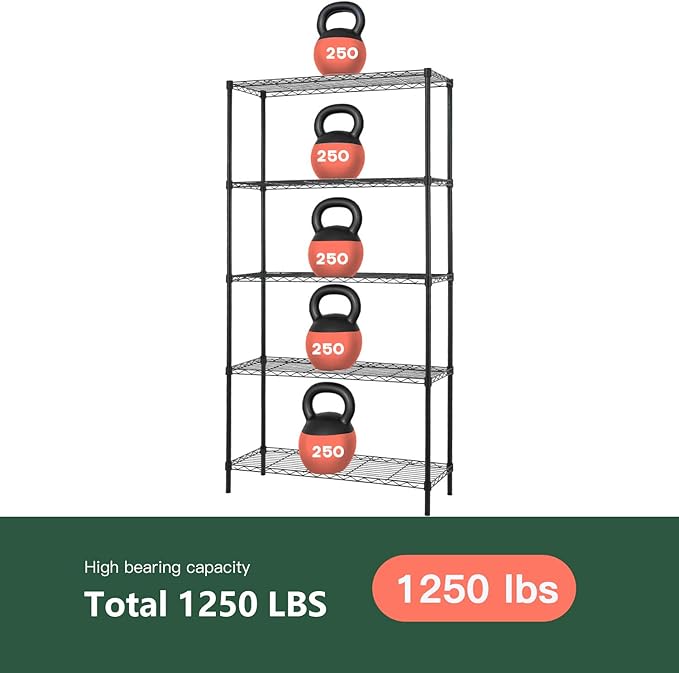 FDW 14" D×36" W×72" H Wire Shelving Unit Commercial Metal Shelf with 5 Tier Adjustable Layer Rack Strong Steel for Restaurant Garage Pantry Kitchen Garage,Black