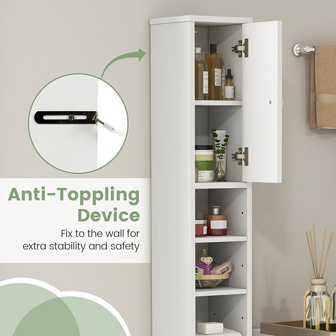 SIMOE Tall Bathroom Storage Cabinet, 32.5lbs Heavy-Duty 8" Slim Narrow Floor Cabinet with 5 Adjustable Shelves & Drawer, 71" Freestanding Skinny Linen Tower for Small Spaces, Moisture-Proof, White