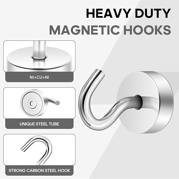 Neosmuk Magnetic Hooks, Cruise Ship Essentials, 30lb+ Heavy Duty Magnetic Hooks for Cruise Cabins, Refrigerator, Grill, Hanging, and Travel | Extra Strong Must-Haves Magnet Hook,Silver