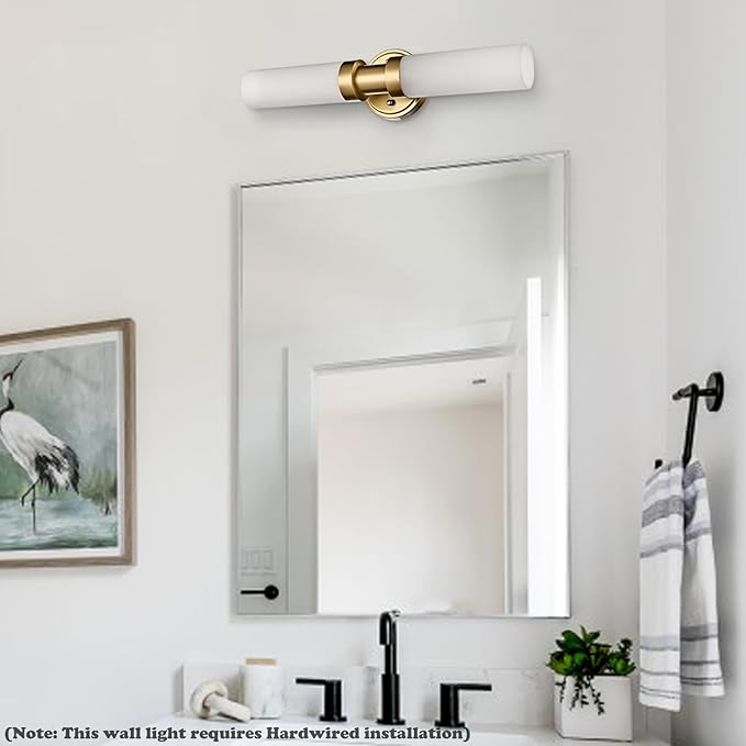 20-Inch Gold Bathroom Light Fixtures Wall Sconce with Frosted Glass Shade Modern 2-Light Cylinder Vanity Lights Brass Glass Sconces Wall Lighting for Living Room Bedroom