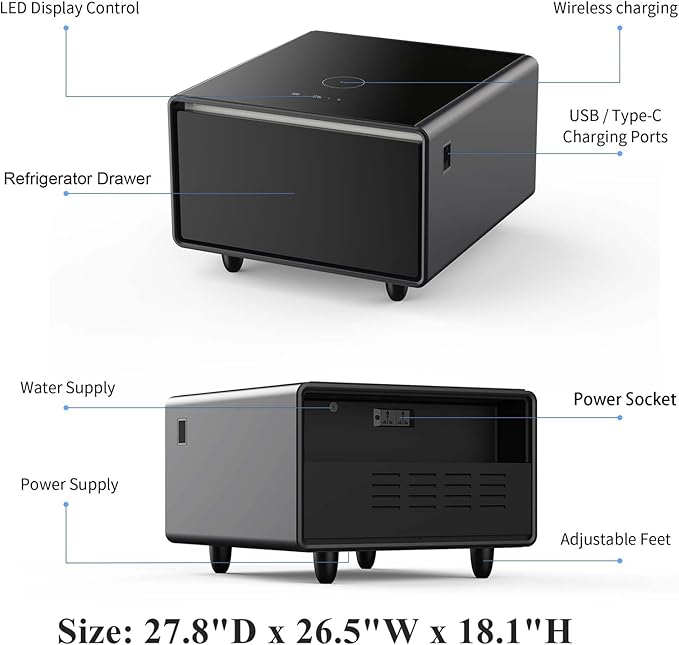 Smart Side Table with Fridge, Smart Nightstand with Refrigerator, Induction Light, Temperature Control, Wireless Charging, Power Socket, USB Ports, Outlet Protection (Black, LT65 Pro)