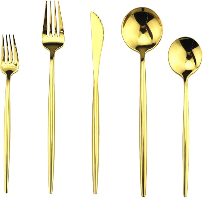 Gugrida Portable Silverware Set - 20-Piece Flatware Cutlery Set - 18/10 Stainless Steel - Mirror Polishing Gold - Travel Elegant Modern Utensils - Service for 4 Include Steak Knife Dinner Fork Spoon